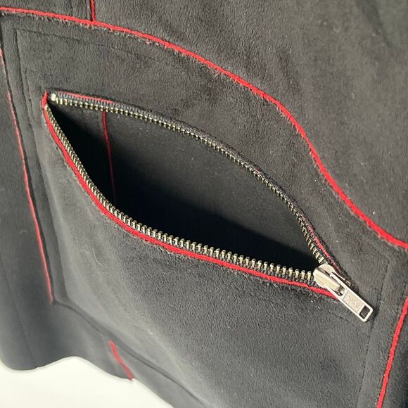 CHICO'S Jacket Women's Size 2 Large Black Red Faux Suede Button Front Collared - Picture 9 of 13